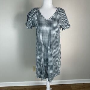 Size M Peasant Dress Gingham Plaid Checkered Blue White Cottagecore Boho Shift